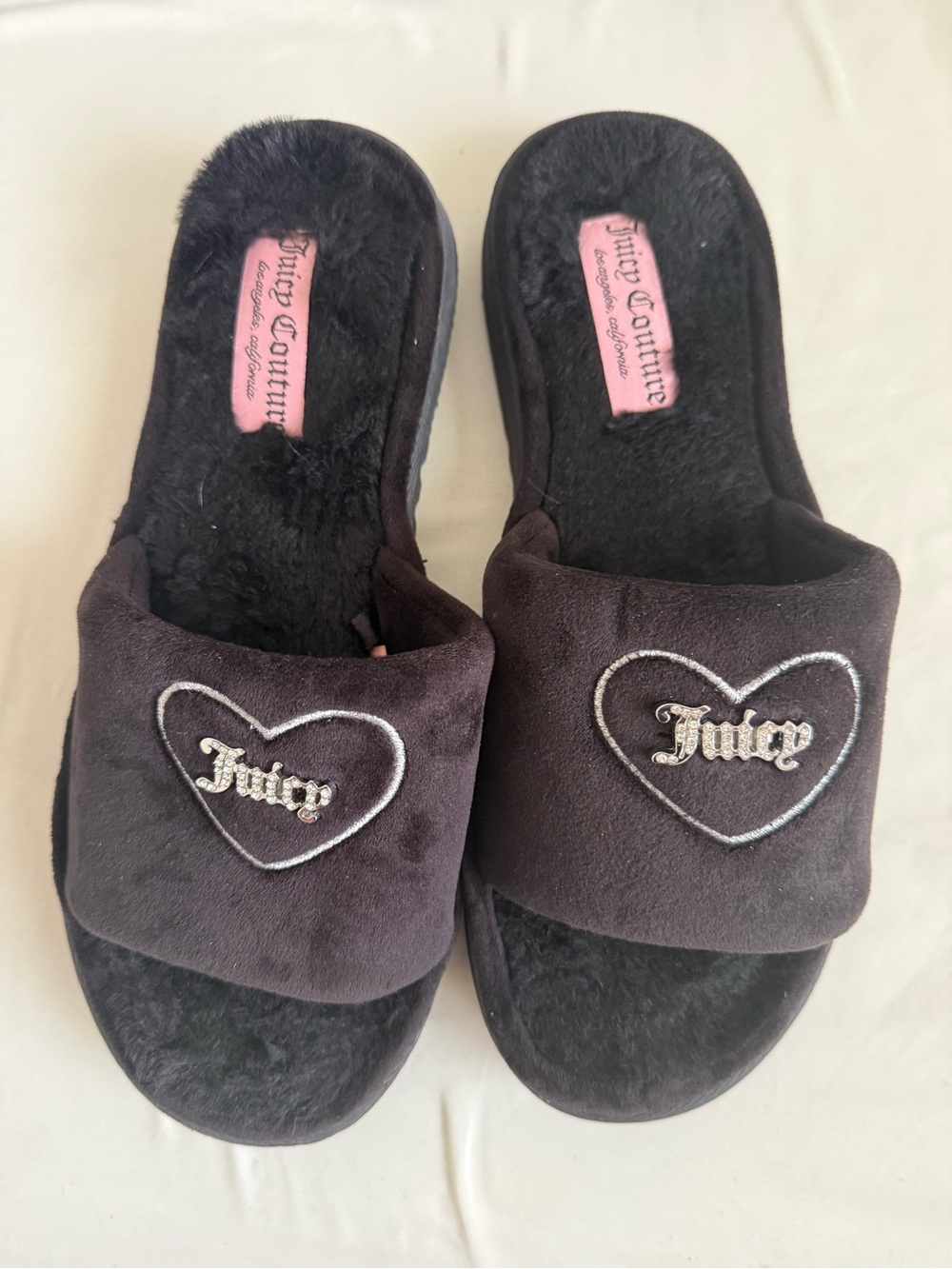 Juicy Couture Black Plush Heart Logo Slide Slippers